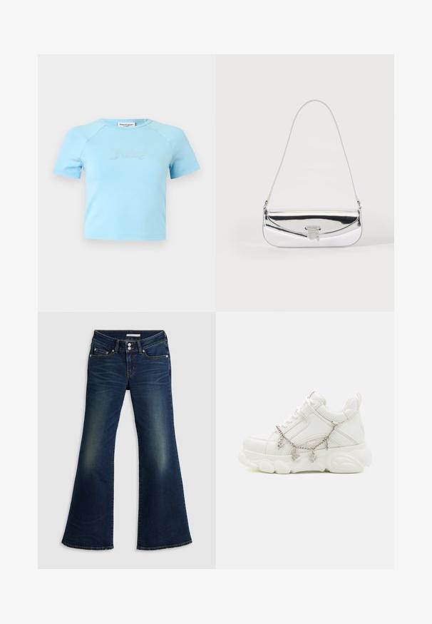 Crop top bleu clair à manches courtes avec col rond, avec l'inscription « Juicy » en strass centrée sur la poitrine.; Jean flare super bas en denim bleu foncé avec poches avant et arrière, fermeture à double bouton et détails décolorés sur les cuisses et les genoux.; Baskets blanches avec une semelle épaisse, tige en cuir texturé et chaîne en métal décorative avec des breloques. Dispose d'un système de laçage et d'un col rembourré.; Petit sac à épaule argenté avec une fine bandoulière et un rabat avant sécurisé par un fermoir métallique.