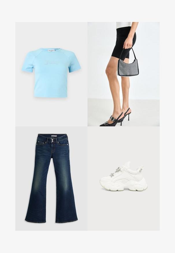 Crop top bleu clair à manches courtes avec col rond, avec l'inscription « Juicy » en strass centrée sur la poitrine.; Jean flare super bas en denim bleu foncé avec poches avant et arrière, fermeture à double bouton et détails décolorés sur les cuisses et les genoux.; Baskets blanches épaisses avec semelle texturée épaisse, étoile et décorations papillon argentées sur les lacets blancs, et clous argentés sur la languette du talon.; Sac à main à perles noires avec une silhouette courbée, une poignée de transport et une texture brillante. Porté avec des chaussures à talons hauts noires et un short noir ajusté.