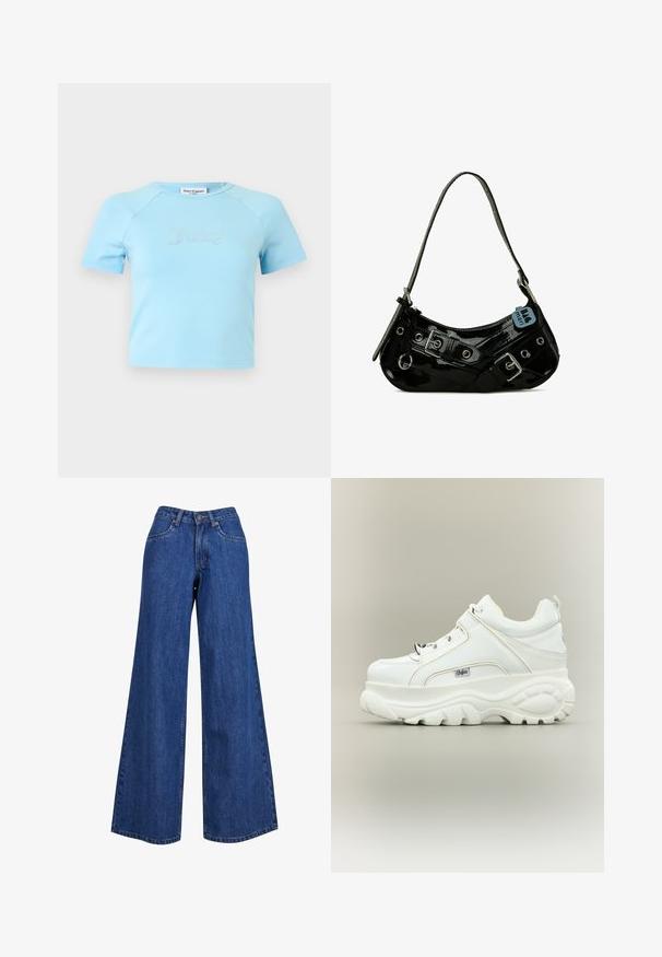 Top corto de manga corta azul claro con escote redondo, con la palabra "Juicy" en letras de pedrería centradas en el pecho.; Jeans de mezclilla de pierna ancha en azul medio, con una cintura alta, costuras en contraste y un diseño clásico de cinco bolsillos.; Zapatilla blanca de plataforma con suela gruesa y voluminosa, cordones en la parte delantera y logo de la marca Buffalo en el lateral, vista desde el lado exterior.; Bolso de mano de charol negro con forma curva, que presenta herrajes plateados, hebillas decorativas y una correa corta. Etiqueta azul adjunta.