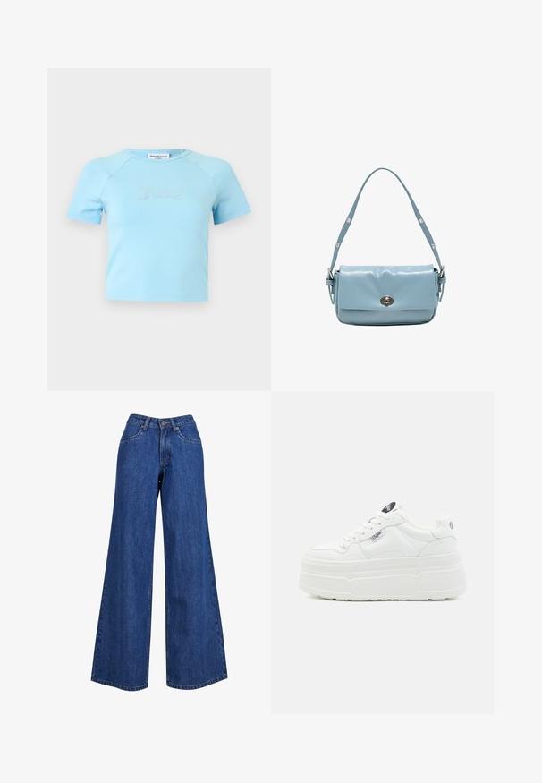 Lyseblå crop top med korte ærmer og rund halsudskæring med teksten "Juicy" i rhinsten midt på brystet.; Bredde ben denim jeans i mellemblå, med høj talje, kontrasterende syninger og et klassisk femlommers design.; Hvide platform sneakers med en glat syntetisk overflade, rund tå, polstret krave og tekstureret sål. Har et kontrasterende logo-tag.; Lyseblå læder skuldertaske med justerbar rem og sølvfarvet drejelås på frontklappen.