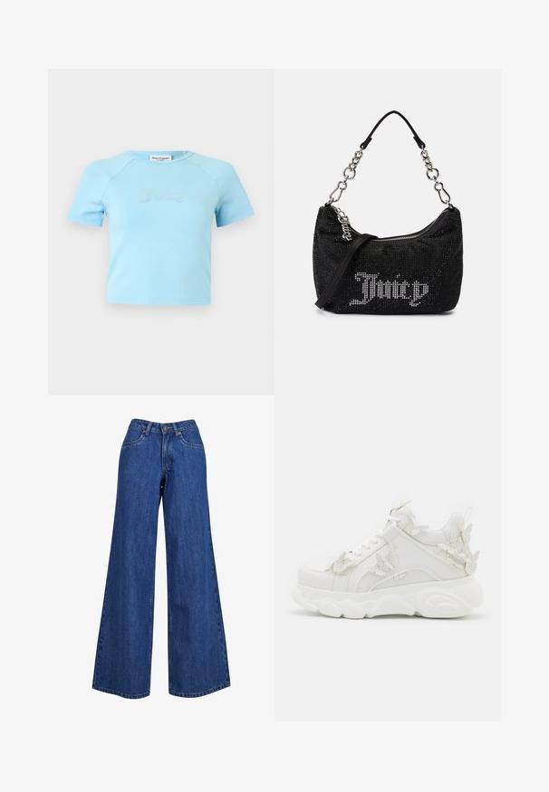 Lichtblauw crop top met korte mouwen en ronde halslijn, met "Juicy" in strass-steentjes op de borst gecentreerd.; Brede denim jeans in medium blue, met een hoge taille, contrasterende stiksels en een klassiek vijf-pocket ontwerp.; Witte chunky sneaker met dikke zool en decoratieve 3D vlinderaccenten aan de zijkant, veters en hiel.; Zwarte tas met rhinestone versieringen, een gebogen vorm en een zilveren kettinghandvat. Voorzien van een rits en het "Juicy" logo in het wit.