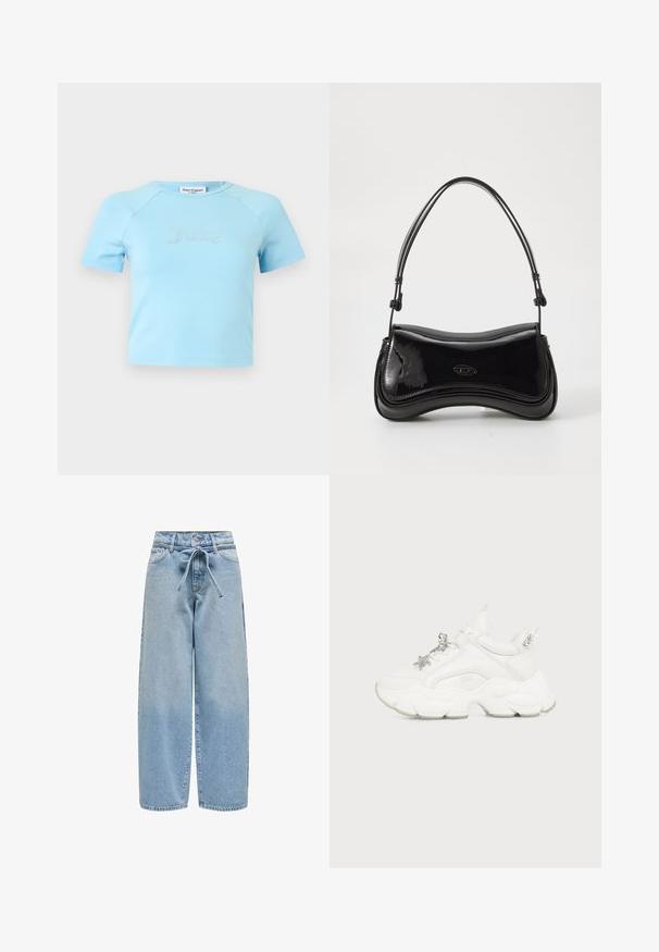 Svetlomodrý krátky crop top s krátkymi rukávmi a okrúhlym výstrihom, s nápisom „Juicy" z kryštálikov uprostred na hrudi.; Svietlo modré riflové nohavice s širokými nohavicami, viazaným pásom, piatimi vreckami a mierne opotrebovaným vzhľadom so žltkavými škvrnami po celom povrchu.; Biele masívne tenisky s hrubou textúrovanou podrážkou, striebornými príveskami v tvare hviezdy a motýľa na šnúrkach a striebornými nitmi na zadnom páse.; Čierna lakovaná kabelka s zakriveným tvarom, jedným uchom a zaobleným dnom. Na prednej strane sa nachádza decentný detail loga.