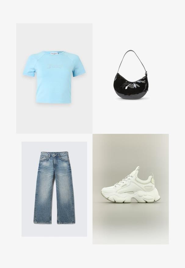 Svetlomodrý krátky crop top s krátkymi rukávmi a okrúhlym výstrihom, s nápisom „Juicy" z kryštálikov uprostred na hrudi.; Svetlomodré džínsy s širokými nohavicami vyrobené z denimu, vybavené prednými vreckami, zipsom a vyblednutou textúrou s jemnými detailmi žíhania.; Biele robustné tenisky s hrubou textúrovanou podrážkou, sieťovinovým a koženým zvrškom, zapínanie na šnúrky a pútka na jazyku a päte.; Čierna lakovaná kožená kabelka s oblým tvarom, s jedným ramenným popruhom, zipsovým uzáverom a ozdobným metalickým logom. Hladká textúra.
