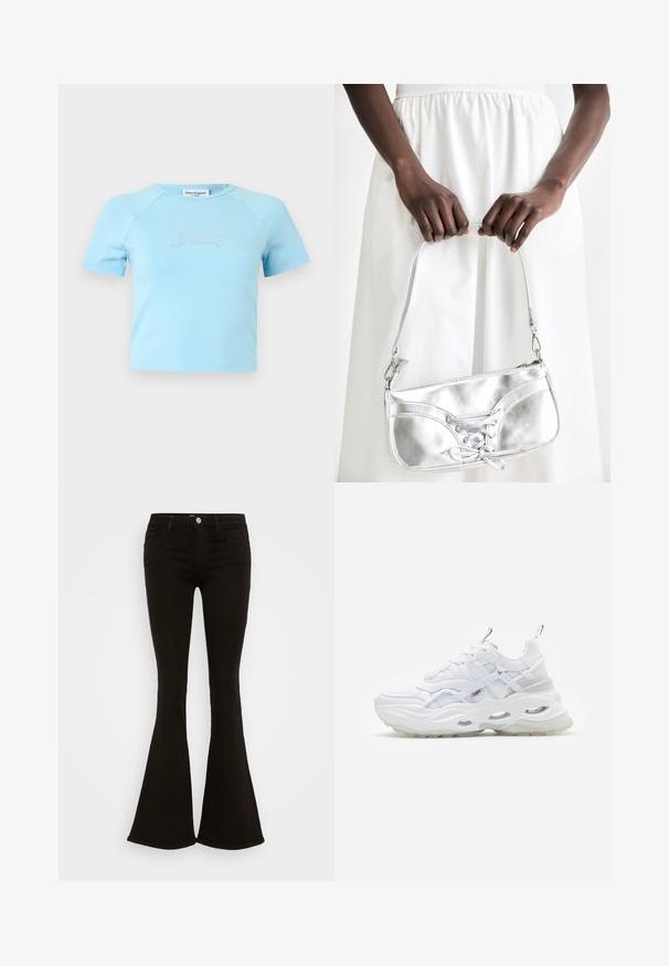Lyseblå crop top med korte ærmer og rund halsudskæring med teksten "Juicy" i rhinsten midt på brystet.; Sorte højtaljede flare jeans med frontknap, bæltestropper og fem lommer, præsenteret på en hvid baggrund.; Hvide sneakers med en kraftig sål, lagdelt mesh og syntetisk overdel, med mønstrede detaljer, snøresystem og hæl-dragtag.; Sølvmetallic håndtaske med snøredetaljer, der har et slankt design og en kort strop. Tasken holdes i hænderne for at fremvise dens tekstur.