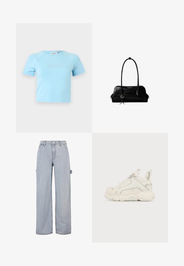 Hellblaues Crop-Top mit kurzen Ärmeln und rundem Ausschnitt, mit „Juicy“ in Strasssteinen zentriert auf der Brust.; Hellblaue Denim-Jeans mit weitem Bein, Knopf- und Reißverschluss, Gürtelschlaufen und einem seitlichen Detail an einem Bein. Ohne sichtbare Abnutzungen.; Weißer klobiger Sneaker mit dicker Sohle, silbernem Detail an Ferse und Seite, Schnürung vorne und Zuglasche hinten.; Schwarze Umhängetasche aus krokodilstrukturiertem Leder mit langen Riemen und einem kleinen silbernen Logocharm an einem Riemen.