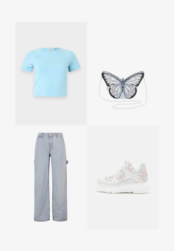 Svetlomodrý krátky crop top s krátkymi rukávmi a okrúhlym výstrihom, s nápisom „Juicy" z kryštálikov uprostred na hrudi.; Svetlomodré džínsy s širokými nohavicami, zapínaním na gombík a zips, pútka na opasok a bočný detail s pútkom na jednej nohavici. Bez viditeľných známok opotrebovania.; Biele tenisky s pastelovo ružovými a striebornými akcentmi motýľa, s masívnou podrážkou, koženým zvrškom a dizajnom na šnurovanie.; Kabelka v tvare motýľa so svetlomodrým telom, detailnými bielymi krídlami, čiernymi akcentmi a perlovo vyzerajúcim reťazovým popruhom. Zipsové uzatváranie na boku.