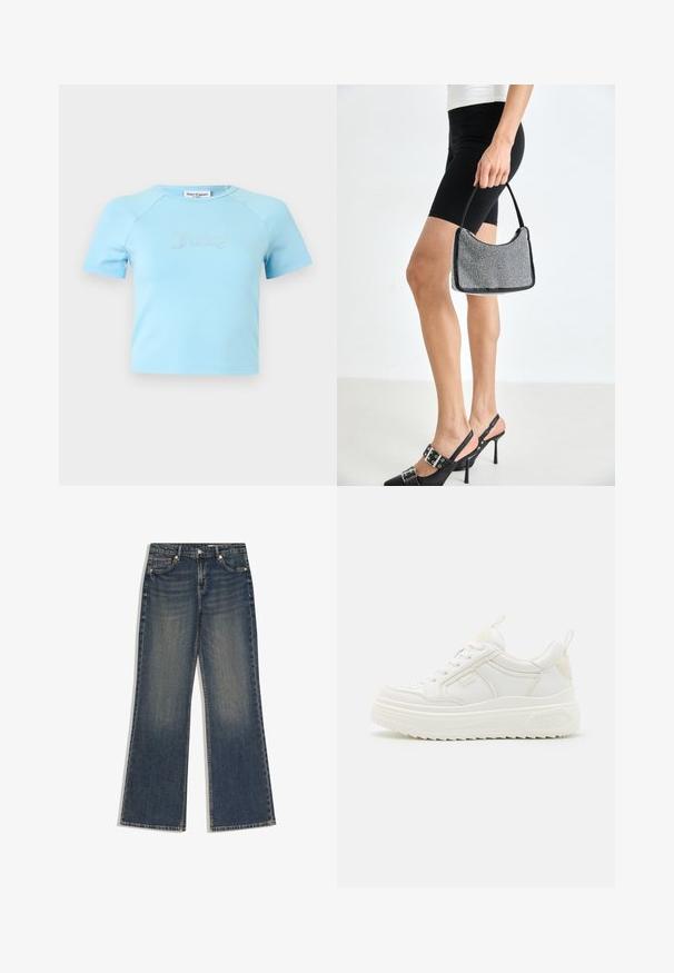 Crop top bleu clair à manches courtes avec col rond, avec l'inscription « Juicy » en strass centrée sur la poitrine.; Jean en denim bleu foncé avec une taille haute, jambes larges et droites, fermeture à boutons et fermeture éclair à l'avant, et design à cinq poches.; Baskets en cuir blanc avec une semelle épaisse, design à lacets et branding subtil. Présentent une texture lisse et un bout arrondi.; Sac à main à perles noires avec une silhouette courbée, une poignée de transport et une texture brillante. Porté avec des chaussures à talons hauts noires et un short noir ajusté.