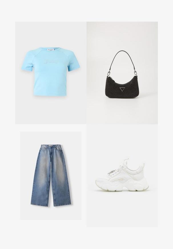 Hellblaues Crop-Top mit kurzen Ärmeln und rundem Ausschnitt, mit „Juicy“ in Strasssteinen zentriert auf der Brust.; Hellblaue Jeans mit weitem Bein und verblasster Vorderseite, Fünf-Taschen-Stil, Knopf- und Reißverschluss, flach auf einem weißen Hintergrund gelegt.; Weisse, klobige Sneaker aus Leder und Netzmaterialien, mit einer dicken Sohle, abgerundeter Zehenpartie und dekorativen Schnürsenkeln. Leicht strukturierte Akzente.; Schwarze Perlenhandtasche mit geschwungener Form, ausgestattet mit einem einzigen Ledertragegurt, dreieckigem Logodesign und Reißverschluss.