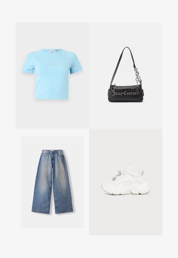 Lyseblå crop top med korte ærmer og rund halsudskæring med teksten "Juicy" i rhinsten midt på brystet.; Lyseblå vidde jeans med falmet front, fem-lomme stil, knap- og lynlåslukning, lagt fladt på en hvid baggrund.; Hvid chunky sneaker med tyk sål, snørebånd foran og sølvstjerne og perledekorationer på snørebånd og hælkappe.; Sort håndtaske lavet af tekstureret syntetisk materiale. Har en kædestrop og sølv "Juicy Couture" logoet fremtrædende vist på forsiden.