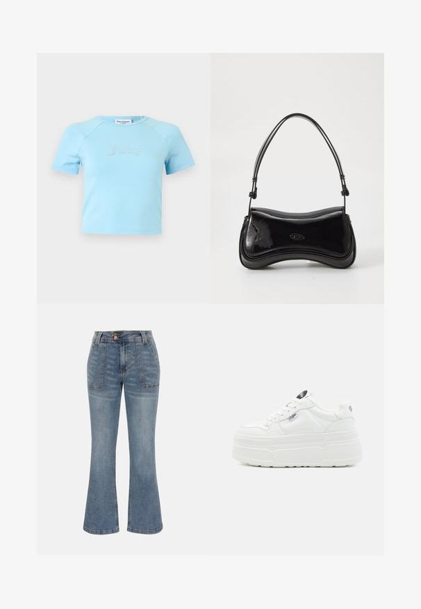 Crop top bleu clair à manches courtes avec col rond, avec l'inscription « Juicy » en strass centrée sur la poitrine.; Jean en denim bleu à taille haute, poches plaquées à l'avant, fermeture par bouton et zip, et une silhouette de jambe légèrement évasée.; Baskets plateforme blanches avec un extérieur synthétique lisse, un bout arrondi, un col rembourré et une semelle texturée. Présente une étiquette logo contrastante.; Sac à main en vernis noir avec une forme courbée, une poignée unique et un fond arrondi. Présente un détail de logo discret à l'avant.
