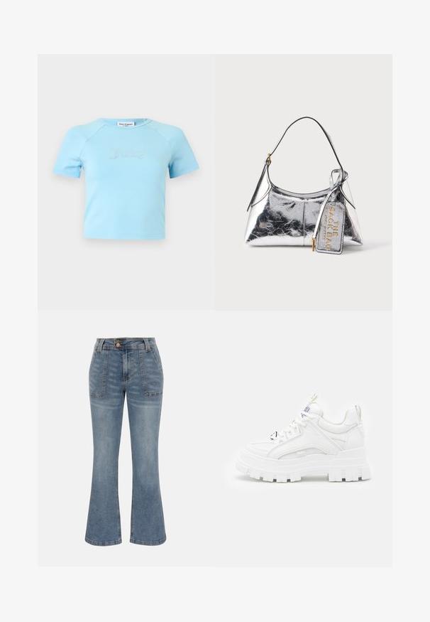 Lichtblauw crop top met korte mouwen en ronde halslijn, met "Juicy" in strass-steentjes op de borst gecentreerd.; Blauwe denim jeans met hoge taille, voorzakken met patch, knoop- en ritssluiting en een licht uitlopende broekspijpsilhouet.; Witte chunky sneakers met een textuur bovenkant, gevoerde kraag en dikke, gegroefde zool. Voorzien van contrasterende zwarte veters en merkaanduiding.; Glanzende zilveren handtas met een enkele band en een hangend label met de tekst "THE SACK BAG MARC JACOBS" in gouden letters.