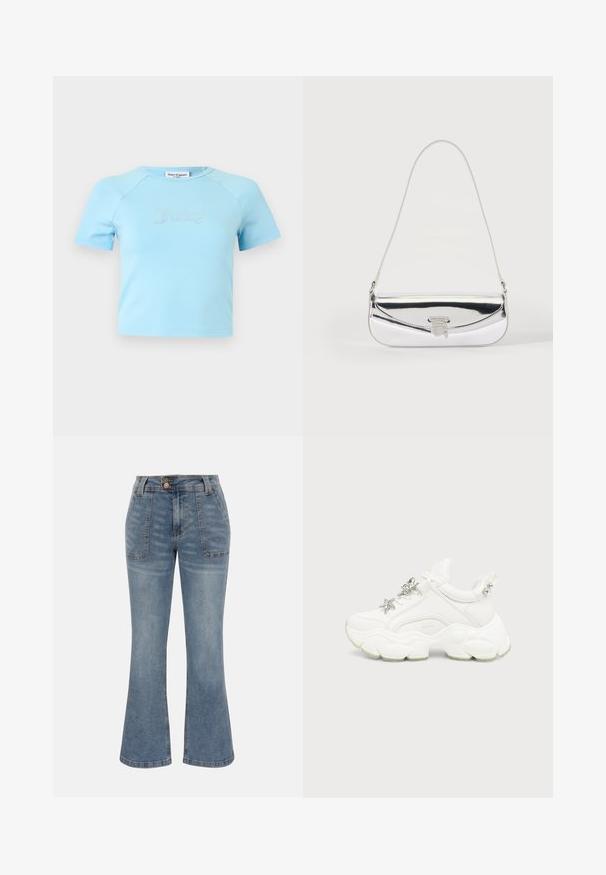 Lichtblauw crop top met korte mouwen en ronde halslijn, met "Juicy" in strass-steentjes op de borst gecentreerd.; Blauwe denim jeans met hoge taille, voorzakken met patch, knoop- en ritssluiting en een licht uitlopende broekspijpsilhouet.; Witte chunky sneaker met dikke, getextureerde zool, zilveren ster en vlinderdecoraties op witte veters, en zilveren studs op de hieltab.; Kleine zilveren schoudertas met een dunne band en een voorflap die met een metalen gesp is vastgemaakt.