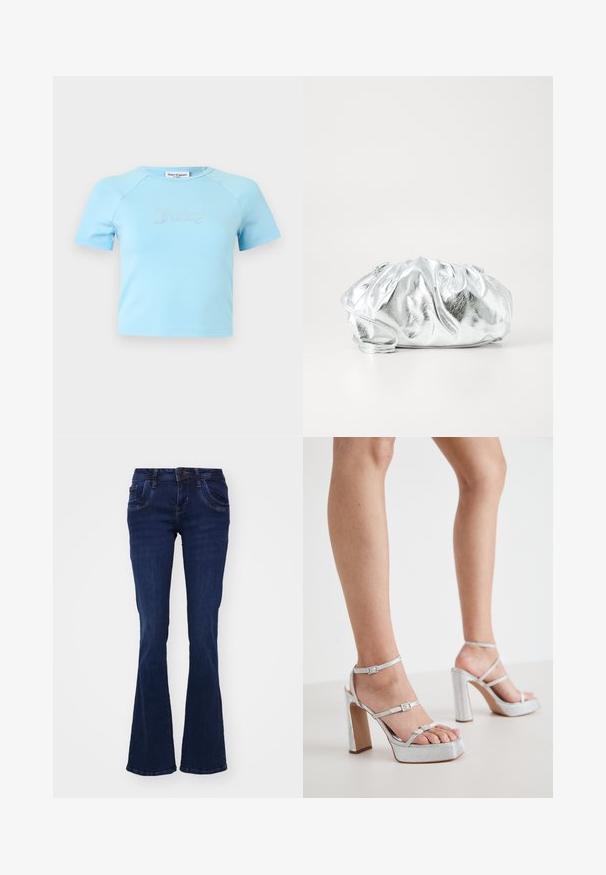 Crop top bleu clair à manches courtes avec col rond, avec l'inscription « Juicy » en strass centrée sur la poitrine.; Jean flare bleu foncé en denim. Comprend cinq poches, une fermeture éclair à l'avant et des détails de couture le long des coutures.; Sandales à talons hauts argentées avec des brides autour de la cheville, en matière texturée, avec un large talon bloc et des boucles ajustables.; Pochette argent métallique avec un corps doux et froncé et une fine bandoulière. Présente une texture lisse et brillante ainsi qu'une forme arrondie.