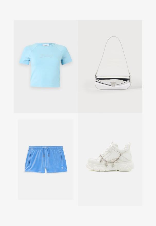 Lichtblauw crop top met korte mouwen en ronde halslijn, met "Juicy" in strass-steentjes op de borst gecentreerd.; Lichtblauwe velours shorts met een elastische tailleband, een trekkoord en twee zijzakken met rits. Bevat een klein geborduurd logo op de dij.; Witte sneakers met een dikke zool, een gestructureerde leren bovenkant en een decoratieve metalen ketting met bedels. Voorzien van vetersluiting en een gevoerd kraagje.; Kleine zilveren schoudertas met een dunne band en een voorflap die met een metalen gesp is vastgemaakt.
