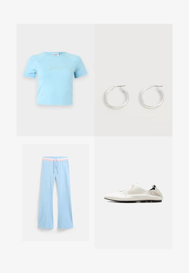 Svetlomodrý krátky crop top s krátkymi rukávmi a okrúhlym výstrihom, s nápisom „Juicy" z kryštálikov uprostred na hrudi.; Svetlomodré zvonové tepláky s viazaním v páse. Obsahujú ružový a biely pruhovaný akcent a vyšívané logo. Mäkký textilný materiál.; Biela minimalistická kožená obuv typu slip-on s vsunutým podpätkom, šnurovaním a tenkou čiernou podrážkou na jednofarebnom pozadí.; Pár stredne veľkých lesklých strieborných kruhových náušníc s tenkými kovovými zapínaniami na svetlom neutrálnom pozadí.