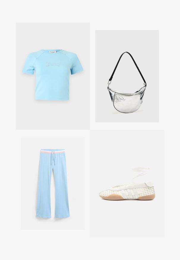 Lyseblå crop top med korte ærmer og rund halsudskæring med teksten "Juicy" i rhinsten midt på brystet.; Lyseblå, flagrende sweatpants med snor i taljen. Har en pink og hvid stribet accent samt broderet logo. Blød stoftekstur.; Hvid vævet sko med tekstureret overdel, rundet tå, hvide læderdetaljer og fleksibel gummisål. Tynde snørebånd monteret.; Sølvfarvet metallisk skuldertaske i halvmåneform med sort justerbar rem og lynlås lukning på ensartet lys baggrund.
