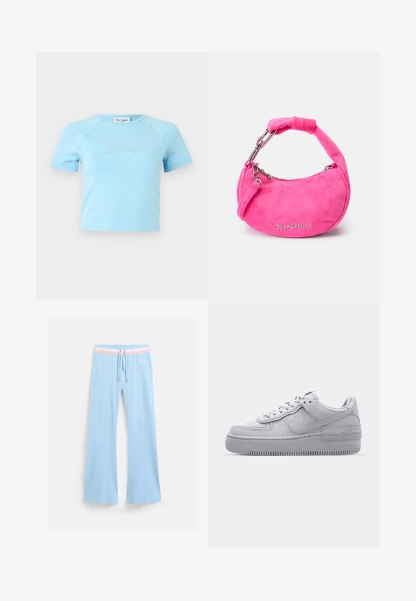 Lichtblauw crop top met korte mouwen en ronde halslijn, met "Juicy" in strass-steentjes op de borst gecentreerd.; Lichtblauwe uitlopende sweatpants met een trekkoord in de taille. Voorzien van een roze en witte gestreepteaccent en geborduurd logo. Zachte stoftextuur.; Grijze Nike Air Force 1 sneaker met geperforeerde neus, glad leren bovenwerk, dikke zool en verhoogde 'AIR' details op de hiel.; Roze suède handtas met een gebogen vorm, korte gewatteerde handgreep, zilverkleurige hardware en het "Juicy Couture" logo in een sierlijk lettertype aan de voorkant.