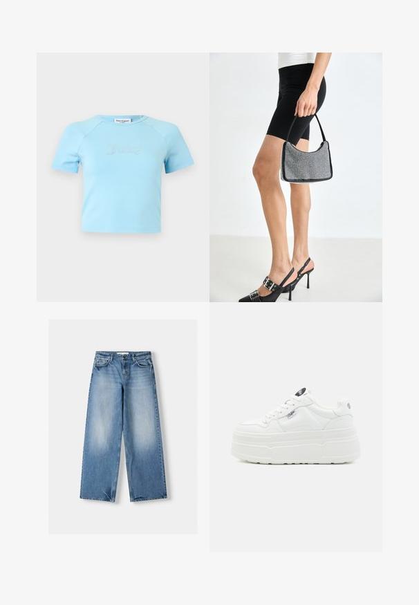 Lyseblå crop top med korte ærmer og rund halsudskæring med teksten "Juicy" i rhinsten midt på brystet.; Lysblå jeans med afslappet pasform, brede ben og slidte sektioner. Fremstillet af denim med klassisk fem-lommerdesign og lukning med en topknap.; Hvide platform sneakers med en glat syntetisk overflade, rund tå, polstret krave og tekstureret sål. Har et kontrasterende logo-tag.; Sort perlehandtaske med en buet silhuet, bærehåndtag og blank overflade. Båret med højhælede sorte sko og tætsiddende sorte shorts.
