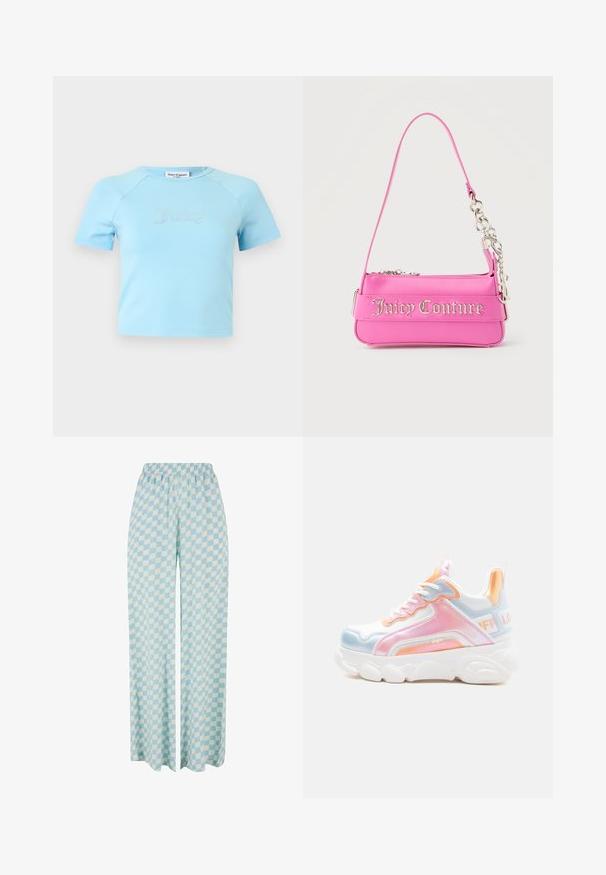 Top corto de manga corta azul claro con escote redondo, con la palabra "Juicy" en letras de pedrería centradas en el pecho.; Pantalones de pierna ancha de color azul claro con un patrón a cuadros en tonos alternos, con una cinturilla elástica para mayor comodidad.; Zapatilla blanca robusta con acentos en rosa pastel, azul y naranja, suela gruesa, cierre de cordones frontal y tira de sujeción con marca en el talón.; Bolso pequeño de Juicy Couture de color rosa brillante con detalle de cadena plateada y letras del logo en el frente, con una sola correa estrecha para el hombro.