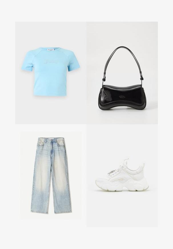 Lichtblauw crop top met korte mouwen en ronde halslijn, met "Juicy" in strass-steentjes op de borst gecentreerd.; Lichtblauwe denim broek met een wijde pijp, featuring vijf zakken, subtiele vervaging en zichtbare stiksels langs de naden.; Witte chunky sneakers van leer en mesh-materialen, met een dikke zool, ronde neus en decoratieve veters. Licht gemêleerde accenten.; Zwarte laarzen van patentleer met een gebogen vorm, een enkele handgreep en een ronde bodem. Beschikt over een subtiele logodetail aan de voorkant.