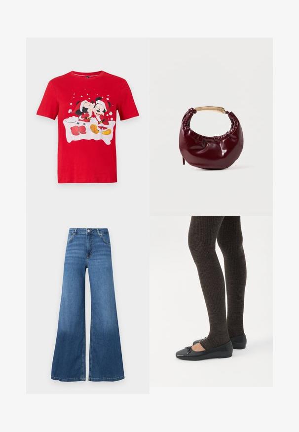 Rød kortærmet skjorte med Mickey og Minnie Mouse klædt i julesweatre, hvor Minnie kysser Mickey på kinden med et snefnugs baggrund.; Bredde bukser i blå denim med høj talje, forlommer og en ren søm. Ingen synlige mønstre eller pyntegeler.; Ben iført mørke ribbede leggings kombineret med sorte balletsko med små sløjfedetaljer på hvid baggrund.; Bordeaux farvet faux læder handbag med en afrundet form, samling detaljer og et guldtonet metalhåndtag. Glat tekstur og blank finish.