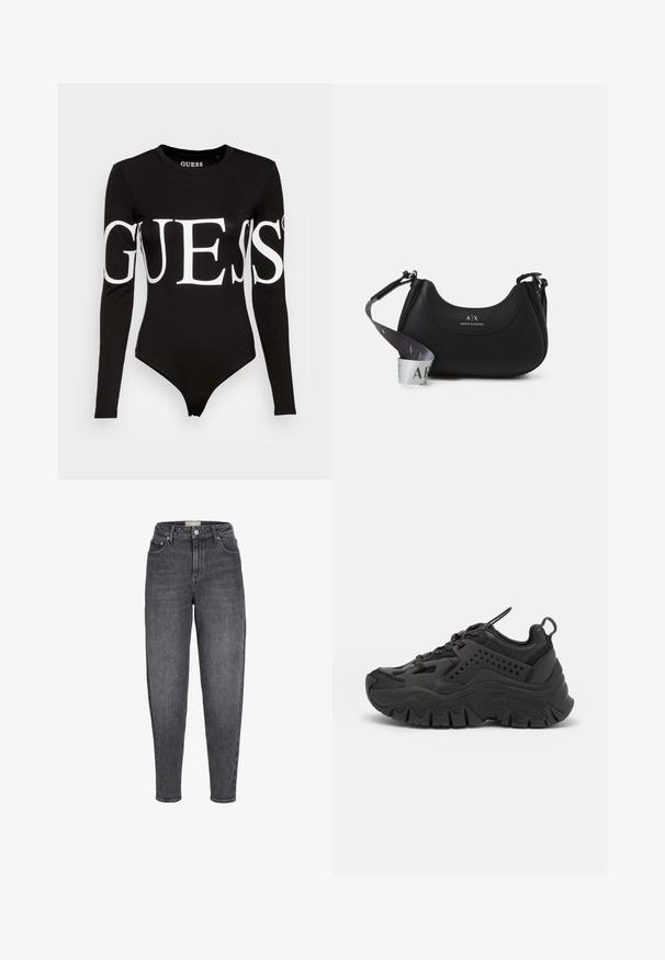 Schwarzer Langarm-Body mit einem auffälligen weißen "GUESS"-Logo auf der Vorderseite, gefertigt aus dehnbarem Baumwollstoff.; Schwarze, hoch sitzende, verwaschene Jeans mit verjüngtem Schnitt, Fronttaschen, Gürtelschlaufen und Knopfverschluss.; Schwarze Sneakers mit einer klobigen Sohle, glattem Synthetik-Obermaterial, durchbrochenen Akzenten und einer runden Zehenpartie. Mit Schnürverschluss und Zuglasche.; Schwarze Lederhandtasche mit bogenförmiger Form, die ein eingraviertes Logo auf der Vorderseite und einen abnehmbaren Riemen mit einem Farbverlauf-Muster aufweist.