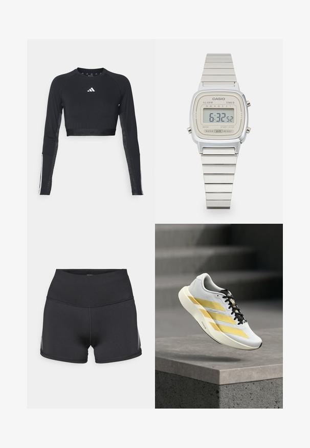 Sort cropped træningstop med lange ærmer lavet af glat stof. Har et hvidt logo på brystet og stribede detaljer på ærmerne.; Sorte atletikshorts med højt taljebånd, lavet af strækstof. Har hvide sidelommer og flatlock-sømme for komfort.; Hvid sportssko med gyldne striber og sorte snørebånd, svævende over en grå betonhylde med slørede trin i baggrunden.; Digital ur med en firkantet sølvfarvet urskive, lys cremefarvet skærm, metalarmbånd og knapper til alarm, timer og indstillingsmuligheder. Vandafvisende.