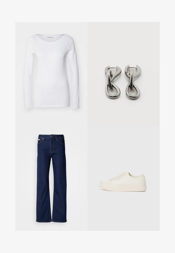 Hvid langærmet top med rund halsudskæring. Fremstillet af blødt, struktureret stof. Har en afslappet pasform og sømløse manchetter.; Mørkeblå denimjeans med vidbenet design, lige snit, fem lommer og lynlås foran. Syning detaljer langs sømmerne.; Sneakers lavet af off-white canvas, med et low-top design, rund tå og flad gummisål med diskrete syninger.; Par af sølvtonede metale øreringe med abstrakt sammenflettet løbedesign på hvid baggrund.