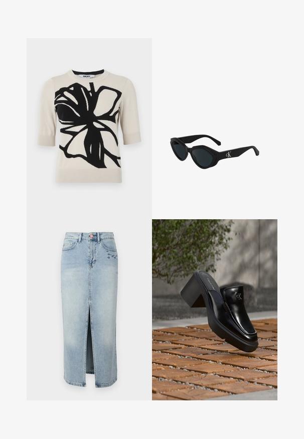 DKNY GRAFFITI FLORAL - T-shirt print - light city khaki/black; Fabienne Chapot CARLYNE SKIRT - Jeansrok - light blue tinted; Zwarte leren Calvin Klein slip-on mule met blokhak rustend op houten tegels buiten, vlak bij een groene plant en een grijze muur.; Zwarte cat-eye zonnebril met een glanzende afwerking, donkere lenzen en een "cK" logo op de poot. Hoekig ontwerp en dikke monturen.