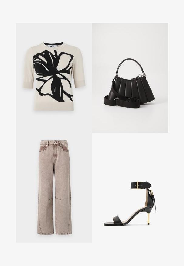 DKNY GRAFFITI FLORAL - T-shirts print - light city khaki/black; Bredde bukser med høj talje i lys brun denim, med subtil tekstur, fem-lomme design og synlig syning.; Sort læder hæl sandal med firkantet tå, ankelrem med en guldbuckle og en slank metallisk hæl. Glat tekstur, minimalistisk design.; Sort plisseret handbag med et rundet håndtag, justerbar rem og blank overflade. Har sølvfarvet hardware og en struktureret silhuet.