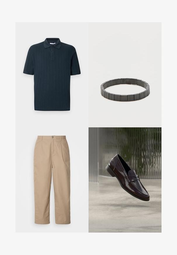 Polo bleu marine à manches courtes avec une texture côtelée, doté d'un col et d'une patte à trois boutons.; Pantalons en coton léger beige avec un devant plissé, fermeture à bouton et jambes droites, offrant une texture lisse et sans motifs visibles.; Mocassins en cuir marron à finition brillante, avec une couture surélevée et un petit détail découpé à l'avant, ainsi qu'une semelle basse noire.; Bracelet élastique noir composé de perles rectangulaires segmentées. Les perles ont une texture lisse et une finition polie, créant une apparence uniforme.