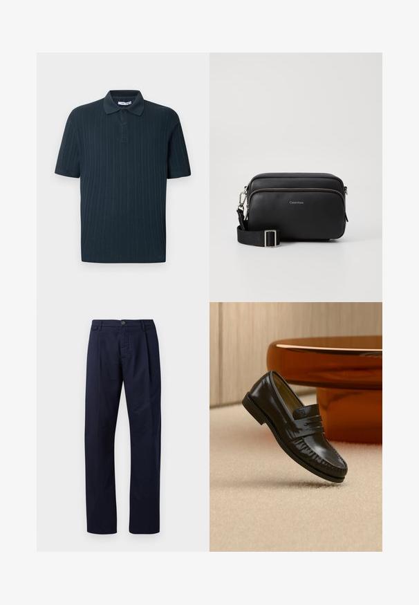 Mørkeblå kortærmet poloshirt med ribbet tekstur, der har en krave og slidse med tre knapper.; Marineblå bukser lavet af stof med en glat tekstur, med lige ben, knaplukning og en enkelt frontfold.; Skinnende sort læderloafer med remdetalje, placeret på beige tæppe nær et rundt brunt sofabord i et blødt oplyst rum.; Sort læder crossbody taske med to lynlåslommer, struktureret overflade, justerbar rem og sølvhardware detaljer. Calvin Klein-logoet er vist.