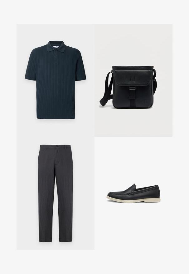 Mørkeblå kortærmet poloshirt med ribbet tekstur, der har en krave og slidse med tre knapper.; Mørkegrå, lige ben bukser lavet af letvægtsstof. Har en knaplukning og en flad front uden synlige lommer. Glat tekstur.; Sort læder slip-on loafer med rund tå og lys beige gummisål, vist fra siden på en hvid baggrund.; Sort læder crossbodytaske med klaplukning, justerbar rem og præget logo. Glat tekstur og minimalistiske designelementer.