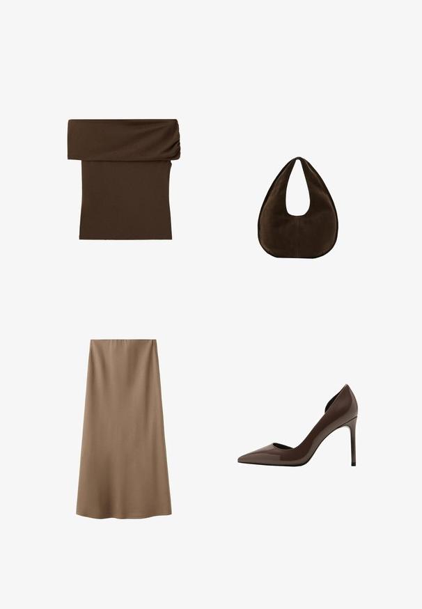 Jupe tube en maille marron foncé avec une large ceinture pliée et une texture lisse.; Jupe midi marron coupe trapèze avec une texture lisse et une taille haute, conçue pour un look épuré et minimaliste.; Escarpin à talon aiguille en cuir verni marron, avec bout pointu et côtés ajourés, présentant une finition brillante et un talon haut et fin.; Sac à main en daim marron foncé en forme de croissant avec une seule sangle large et une texture lisse sur fond blanc.