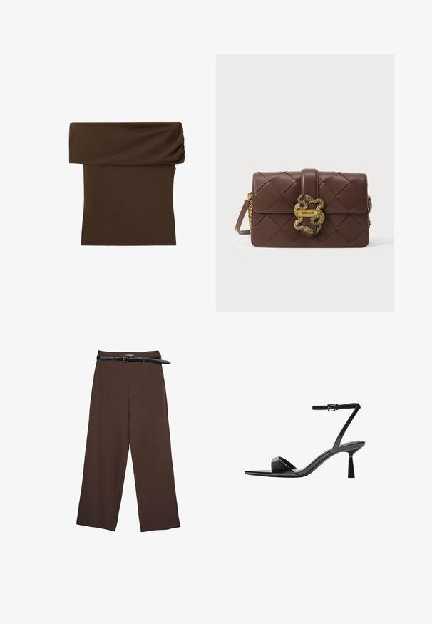 Jupe tube en maille marron foncé avec une large ceinture pliée et une texture lisse.; Pantalons larges marron avec une texture lisse, dotés d'une ceinture noire et d'une taille ajustée, offrant une coupe structurée.; Bershka Sandales à talons hauts - black; Sac à bandoulière en cuir tressé marron avec fermoir en forme de serpent doré et bandoulière chaîne, marqué Just Cavalli sur la plaque du fermoir.