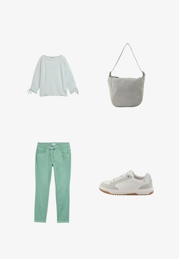 Camisa de manga larga verde claro, acanalada, con un escote amplio y mangas recogidas atadas con lazos. Corte relajado y textura suave.; Pantalones verde menta confeccionados en tejido suave, con cintura ajustable mediante cordón, dos bolsillos frontales y detalles de costura sutiles a lo largo de las costuras laterales.; Zapatilla blanca con detalles de ante verde claro y gris, suela de goma texturizada, puntera redonda, diseño con cordones y detalles perforados en los laterales.; Bolso de hombro de cuero gris con textura suave, forma curva, correa ajustable y cierre superior de cremallera. Presenta un diseño minimalista sin adornos.