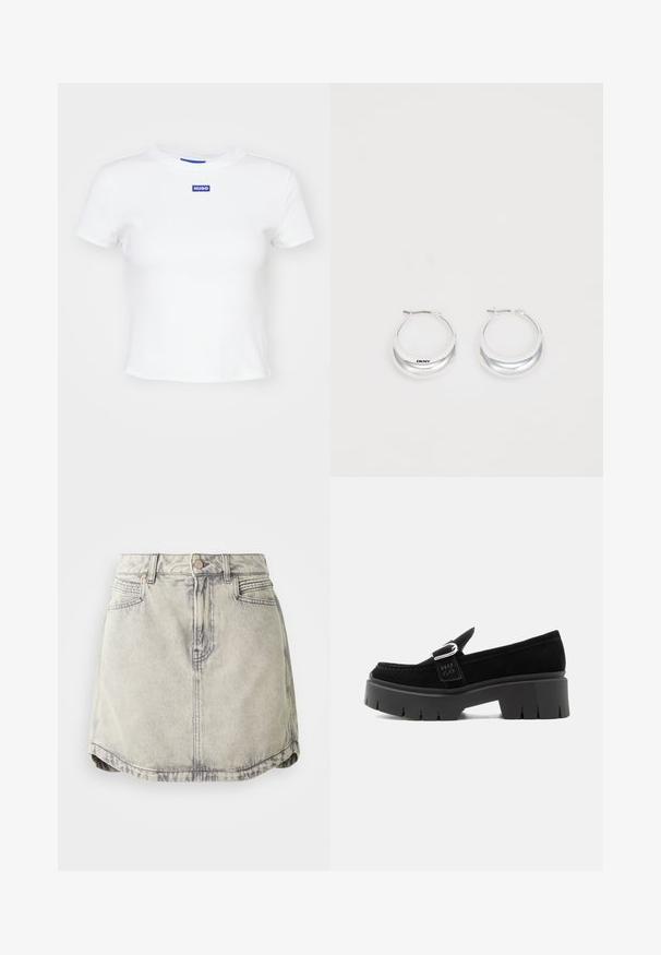 Camiseta de algodón blanca con mangas cortas, escote redondo y un parche rectangular azul con el logo "HUGO" en el centro delantero.; Falda de denim en gris claro con textura desgastada, que cuenta con una cinturilla abotonada, bolsillos frontales y un dobladillo ligeramente curvado.; Mocasín de ante negro con suela gruesa de tacos, detalle de hebilla plateada y "HUGO" en relieve en la correa lateral, mostrado desde el lado exterior.; Pendientes de aro de plata con un acabado pulido y la marca DKNY, exhibidos sobre un fondo blanco liso.