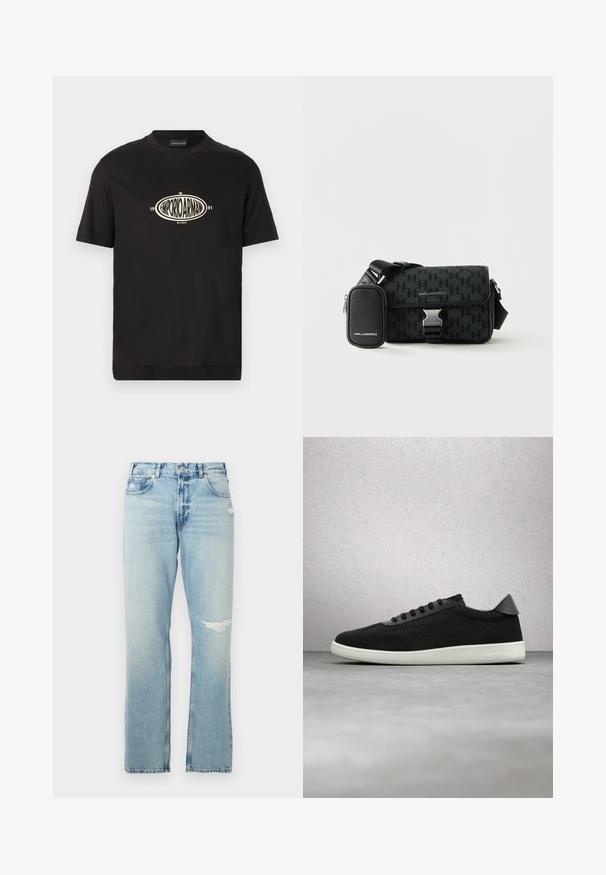 Musta lyhythihainen t-paita pyöreällä kaula-aukolla, jonka keskellä on soikea logo, jossa lukee "EMPORIO ARMANI 1981 MILANO" beigenvärisillä kirjaimilla.; Vaaleansiniset farkut suoran lahkeen muotoilulla, joissa on hieman kulutettu ilme ja korkea vyötärö. Sisältää viisi taskua ja metalliosia.; Musta matala tennari, jossa on valkoinen pohja, teksturoidut sivut, mustat nauhat ja brändin nimi kantapäässä, esillä modernia lasitiiliseinää vasten.; Musta Karl Lagerfeld olkalaukku koiranhampa-kuosilla, metallisoljella ja säädettävällä olanauhalla kiinnitetyllä pienellä vetoketjullisella pussilla.