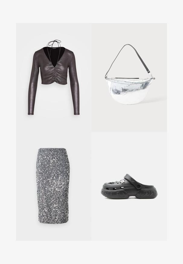 Even&Odd Μπλούζα με μακριά μανίκια - black/silver; Ασημένια μίνι φούστα με παγιέτες, με στενή γραμμή, λεία υφή και πλαϊνό φερμουάρ. Το ύφασμα είναι πυκνά καλυμμένο με αντανακλώσες παγιέτες.; Μαύρο clog τύπου slip-on με παχιά σόλα, οπές αερισμού, ρυθμιζόμενο λουράκι στη φτέρνα και δύο ασημένια κρεμαστά σε σχήμα αστεριού στην κορυφή.; Ασημένια τσάντα σε σχήμα ημισελήνου με μαύρο ρυθμιζόμενο ιμάντα ώμου και φερμουάρ σε φωτεινό φόντο.