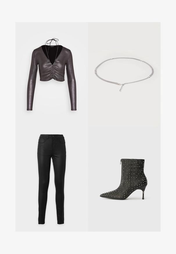 Even&Odd Top s dlhým rukávom - black/silver; Čierne priliehavé džínsy s vysokým pásom, prednými a zadnými vreckami, pútkami na opasok a zapínaním na gombík na jednoduchom pozadí.; Čierne kožené členkové čižmy s špicatými špičkami, ozdobené striebornými cvočkami a akcentmi v tvare hviezd, s stredne vysokým opätkom a bočným zipsom.; Strieborný retiazkový náhrdelník s malými obdĺžnikovými kovovými akcentmi rovnomerne rozmiestnenými a nastaviteľnou sponou na bielom pozadí.