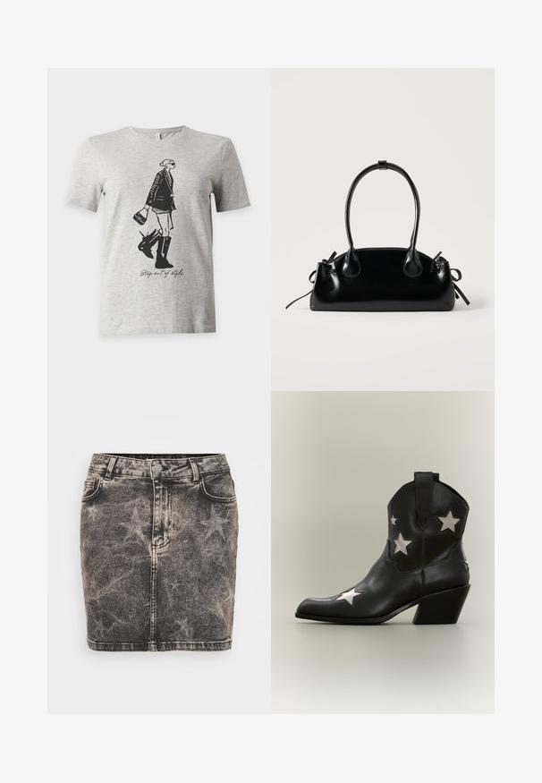 Camiseta de manga corta gris clara con una ilustración negra de una mujer con botas y chaqueta sosteniendo un bolso y el texto "Step out of style."; Minifalda de mezclilla en negro con un patrón de estrellas desvanecido. Presenta una cintura alta, cinco bolsillos y costuras en contraste. Cierre clásico de botón.; Bota vaquera de cuero negro hasta el tobillo con un tacón inclinado de altura media y recortes blancos en forma de estrella en los laterales y en la punta.; Pequeño bolso negro brillante con dos asas largas y detalles de cordón lateral sobre un fondo claro liso.