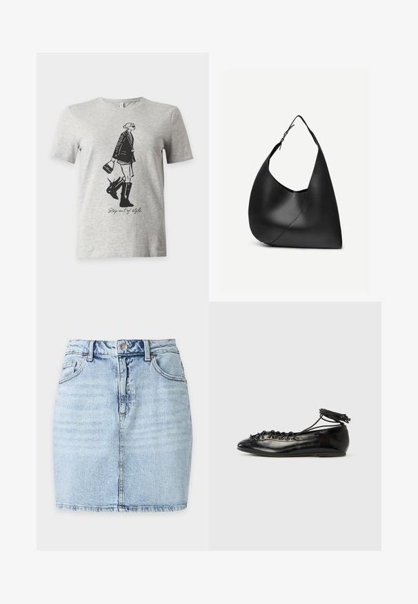 Camiseta de manga corta gris clara con una ilustración negra de una mujer con botas y chaqueta sosteniendo un bolso y el texto "Step out of style."; Minifalda vaquera azul claro con botón delantero, trabillas, dos bolsillos frontales y costura vertical visible en el centro.; Zapatos planos tipo ballet de charol negro con punta redondeada, diseño con cordones y suela plana. Textura lisa con detalles mínimos.; Bolso de hombro de cuero negro con forma triangular curva, una única correa ajustable y una costura diagonal visible en el frente.