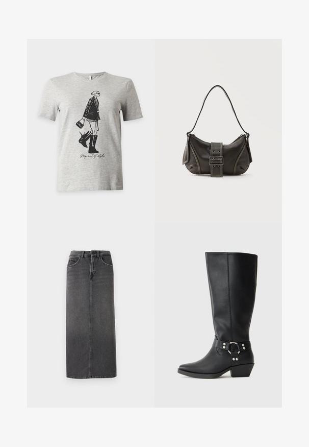 Helehall lühikeste varrukatega T-särk musta joonistusega poolsaabastes ja jakis naisega, kes hoiab käekotti ja teksti "Step out of style."; Hallhalli denim midi seelik, sirge lõikega, viie taskuga ja vöökandidega. Esipool on nööbiga kinni ja sellel on minimaalne õmblusdisain.; Mustad musta nahast kuni põlveni ulatuvad saapad terava nina ja dekoratiivse pahkluu rihmaga, millel on hõbedased detailid. Madal, kahlitav konts.; Mustast nahast õlakott pandlanööriga detailiga, kõverate servade ja kontrastse valge õmblusega tavalise tausta peal.