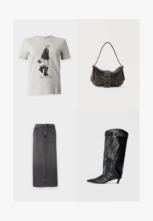Helehall lühikeste varrukatega T-särk musta joonistusega poolsaabastes ja jakis naisega, kes hoiab käekotti ja teksti "Step out of style."; Hallhalli denim midi seelik, sirge lõikega, viie taskuga ja vöökandidega. Esipool on nööbiga kinni ja sellel on minimaalne õmblusdisain.; Must mustakõrge saabas, millel on terav varvas ja väike konts. Ülal on risttõmblusega must nahkrihm, millel on hõbedane pandla. Sile tekstuur.; Mustast nahast õlakott pandlanööriga detailiga, kõverate servade ja kontrastse valge õmblusega tavalise tausta peal.