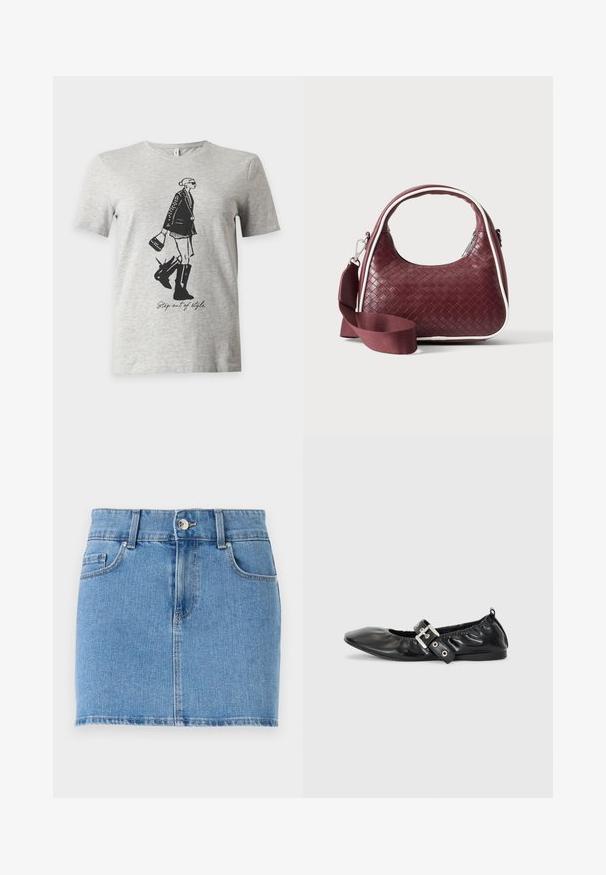 Helehall lühikeste varrukatega T-särk musta joonistusega poolsaabastes ja jakis naisega, kes hoiab käekotti ja teksti "Step out of style."; Heledan denim mini seelik helesinis. Omab kitsast disaini, viit taskut, nööbiga kinnitust ning sirget äärt, millel on kerge kulumine.; Must musta lamega, millel on terav nina, kokkukogutud detailid avause ümber ja hõbedane pandla aktsent reguleeritaval rihmal.; Väike bordoopunutud nahkkäekott kumerate käepidemete, valgete äärte, hõbedase tõmblukuga ja eemaldatava laiast kangast õlarihmaga lihtsa taustaga.