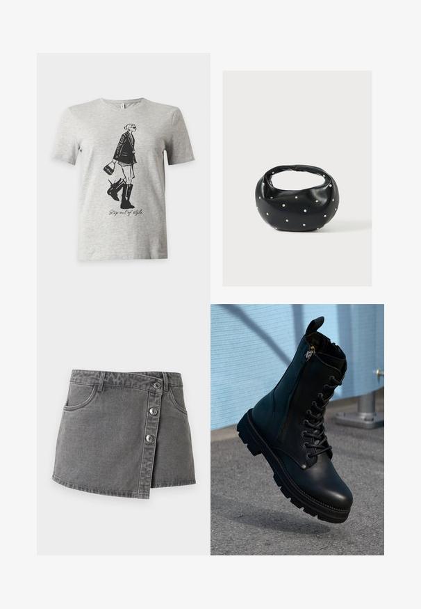 Lysegrå T-shirt med korte ærmer med en sort illustration af en kvinde i støvler og jakke, der holder en taske og teksten "Step out of style."; Grå denim mini nederdel med knaplukning foran, bæltestropper og forlommer, vist mod en hvid baggrund.; Sorte læder ankel støvler med snørebånd, sidelås, tekstureret overflade og en robust sål med fremtrædende slidbaner.; Sort læderhåndtaske med en rundet form, dekoreret med sølvnitter, og et kort håndtag. Glat tekstur og lynlåslukning.