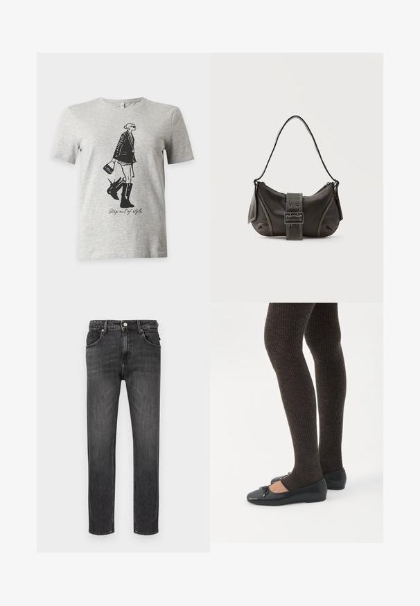 T-shirt gris clair à manches courtes avec une illustration noire d'une femme en bottes et veste tenant un sac à main et le texte "Step out of style."; Jean en denim noir à coupe droite, cinq poches et fermeture à boutons sur le devant. Texture douce avec un léger effet délavé et des coutures contrastées.; Jambes portant des leggings côtelés foncés associés à des ballerines noires avec de petits détails en nœud sur fond blanc.; Sac à épaule en cuir noir avec une sangle à boucle, des bords arrondis et des coutures blanches contrastées sur un fond uni.