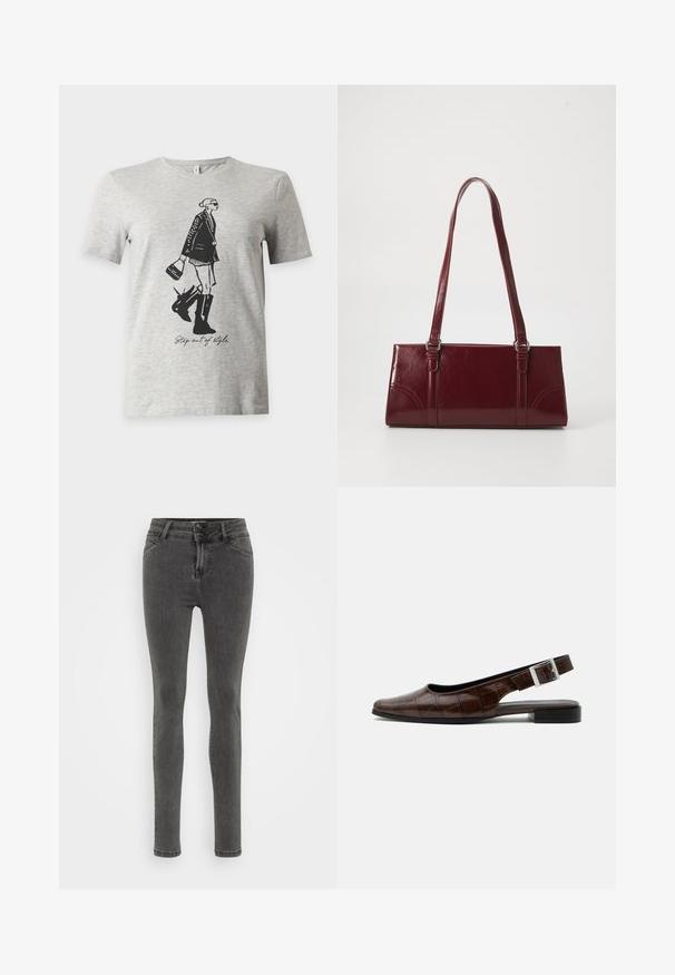 Hellgraues T-Shirt mit kurzen Ärmeln mit einer schwarzen Illustration einer Frau in Stiefeln und Jacke, die eine Tasche hält, und dem Text "Step out of style."; Schmale graue Jeans aus Denim, mit hoher Taille, Zwei-Knopf-Verschluss und minimalen Nähten für ein elegantes Erscheinungsbild.; Dunkelbrauner Lederslingback-Flachschuh mit quadratischer Spitze, Krokodillederstruktur und silberner Schnalle am Riemen.; Burgunderfarbene Handtasche aus glänzendem Material, rechteckige Form, mit zwei Schulterriemen und subtilen, geschwungenen Akzenten an der Vorderseite.