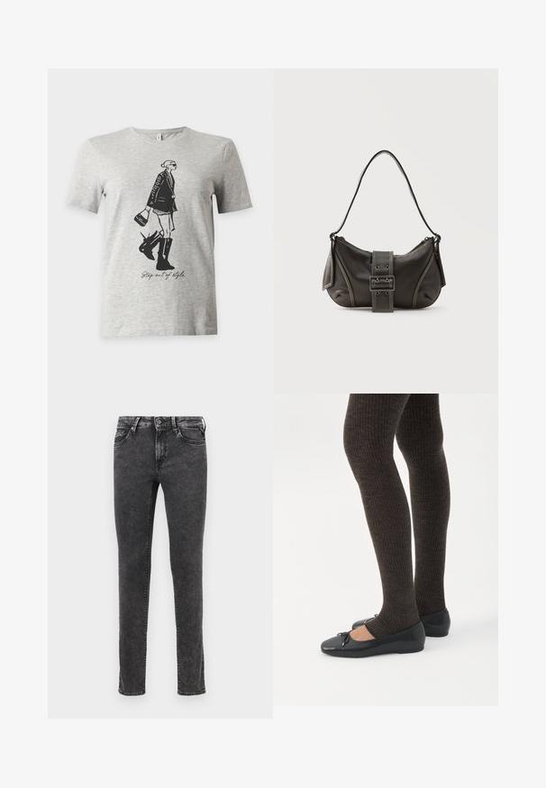 Vaaleanharmaa lyhythihainen t-paita, jossa musta kuvitus naisesta saappaissa ja takissa, kädessään laukku ja teksti "Step out of style."; Mustat farkut slim fit -mallissa, viisi taskua ja metallinappikiinnitys. Ominaisuuksia ovat kuluneet pinnat ja hienovarainen haalistuminen.; Jalat, joissa tummat ribbineuleiset leggingsit yhdistettynä mustiin balettitossuihin, joissa on pienet rusettikoristeet valkoisella taustalla.; Musta nahkainen olkalaukku, jossa solkikiinnitys, pyöristetyt reunat ja vastavärinen valkoinen ommel yksivärisellä taustalla.