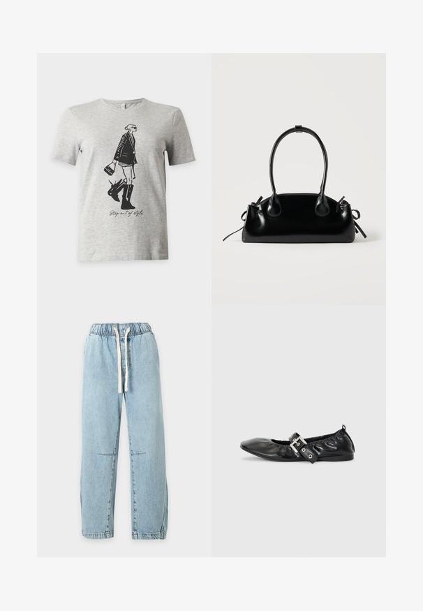 T-shirt gris clair à manches courtes avec une illustration noire d'une femme en bottes et veste tenant un sac à main et le texte "Step out of style."; Pantalon en denim bleu clair avec taille élastique et cordon blanc, jambes droites et détails subtils sur les coutures aux genoux.; Chaussure plate en cuir noir avec un nez pointu, des détails froncés autour de l'ouverture et un accent en boucle argentée sur la bride ajustable.; Petit sac à main noir brillant avec deux longues anses et des détails à cordon sur les côtés sur un fond clair uni.
